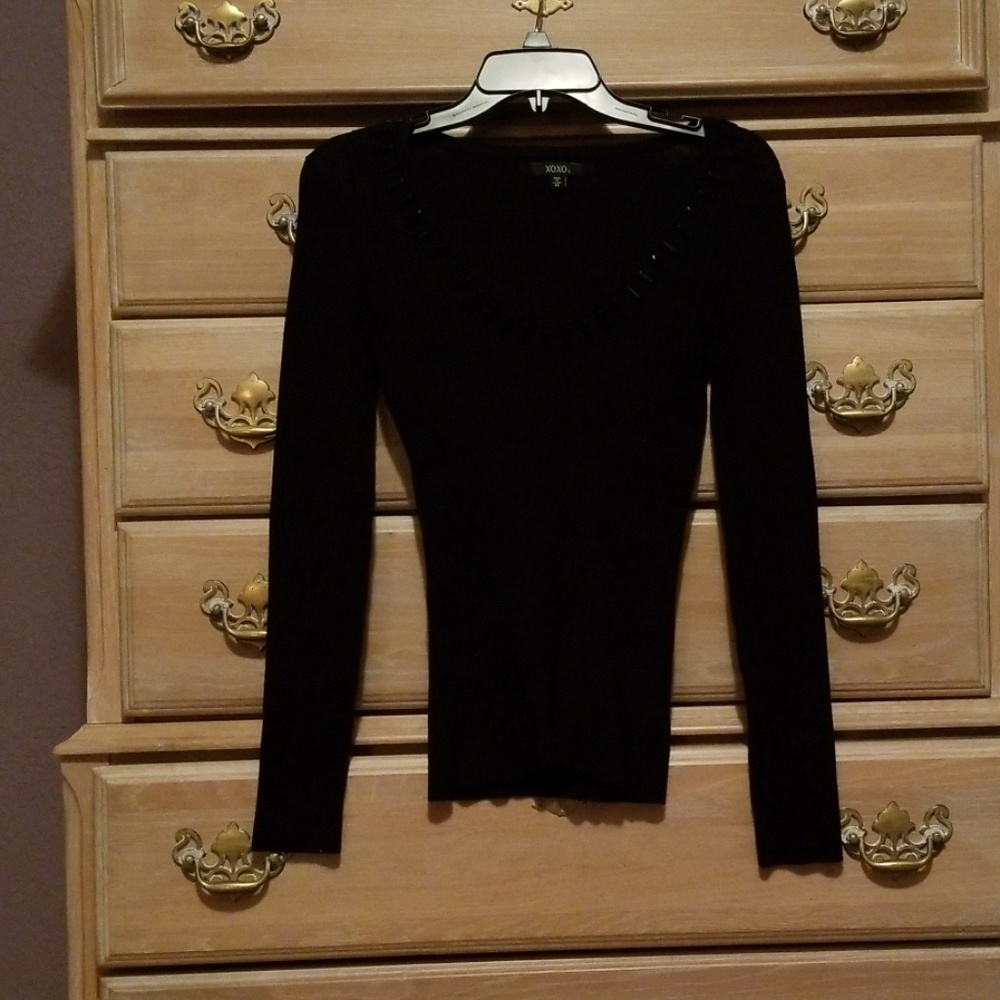 XOXO Black Long Sleeved Embellished Vneck Sweater